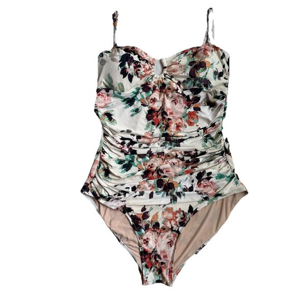 Anthropologie Mermaid Large Maillot One Piece Swimsuit Floral Ruched Keyhole - Picture 1 of 11